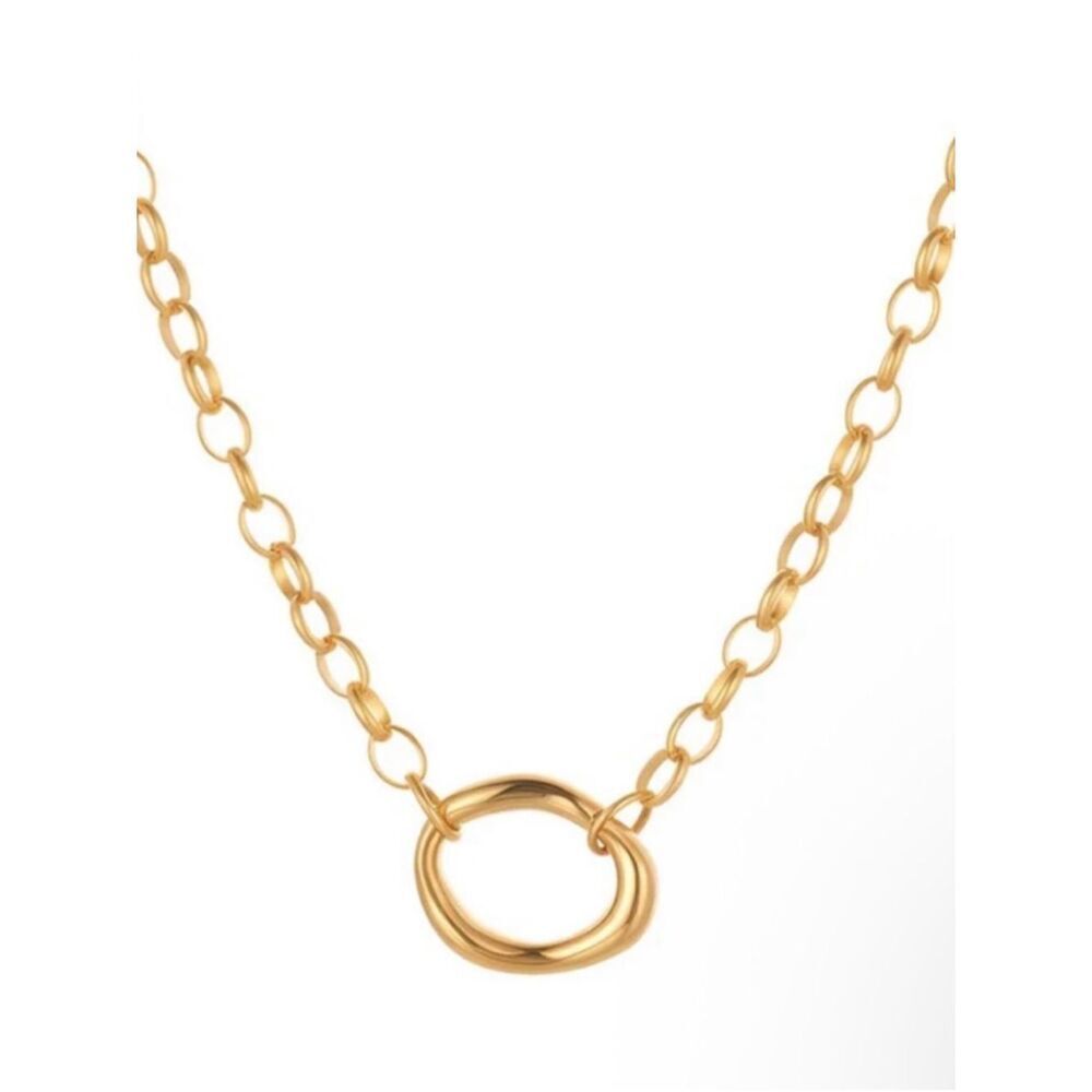 Gold Link Necklace with Polished Circle Pendant - Women